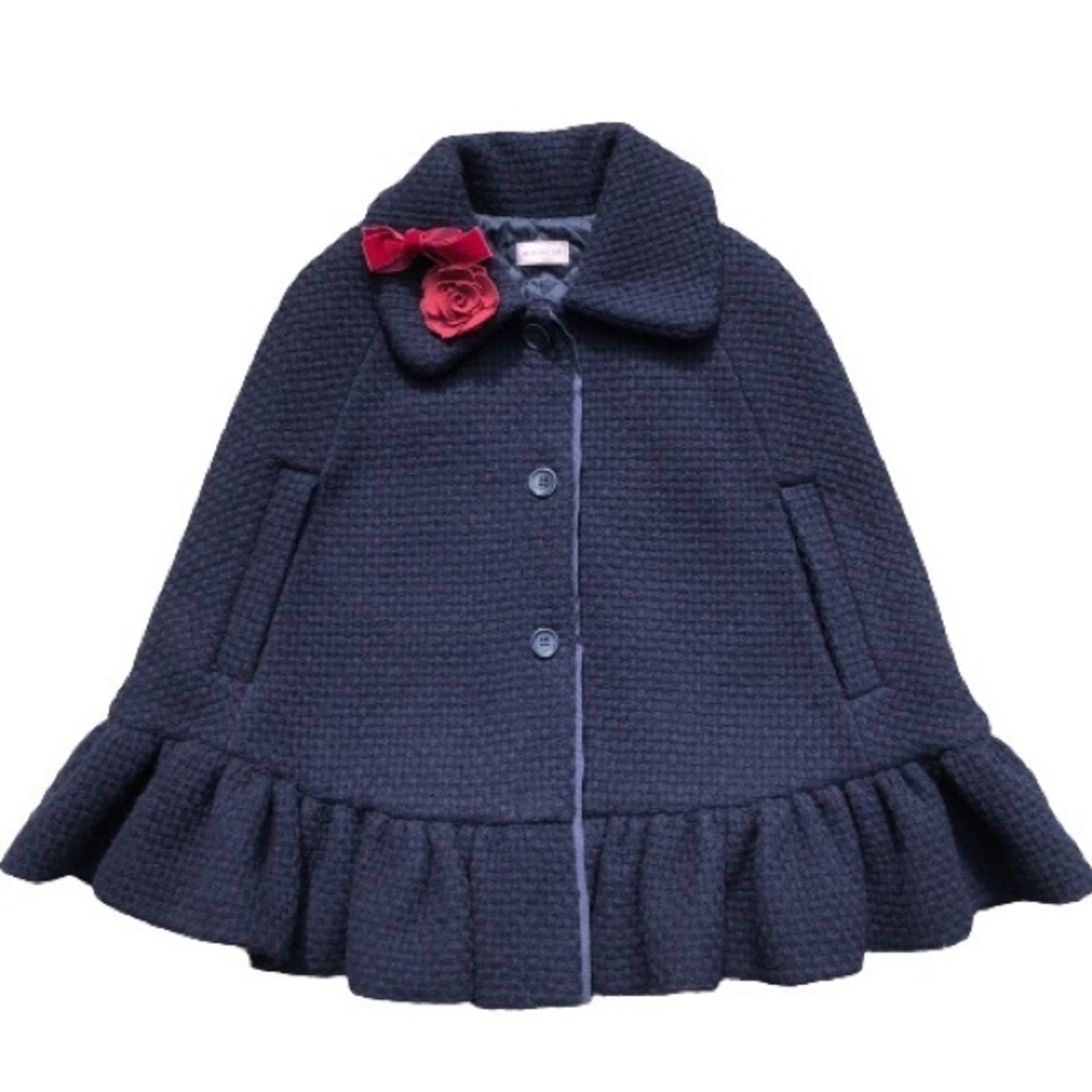 MONNALISA Girls Navy Textured Weave Cape Capelet Cloak Poncho Jacket Rose Bow 8